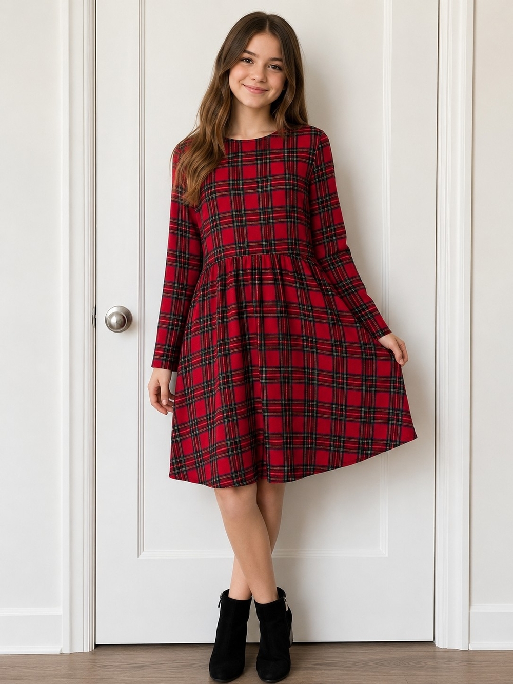 Girls Red Plaid Long-Sleeve Holiday Dress - 15Y